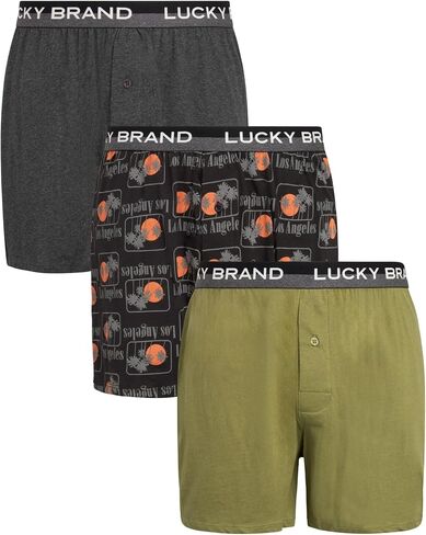 Lucky Brand Mens Boxer Shorts - 3 Pack Super Soft Knit Relaxed Fit Cotton Underwear Boxers for Men with Button Fly, 4" Inseam in Kuwait