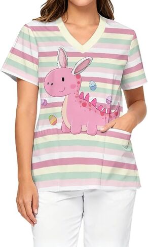Printed Scrubs Tops for Women, V-Neck Soft Stretch Fabric & Short Sleeve Nurse Shirts with 2 Pockets in Saudi Arabia