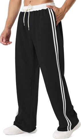 Men's Baggy Sweatpants | Elastic Drawstring Waist, Side Stripes, 3 Pockets, Workout & Jogging in Kuwait