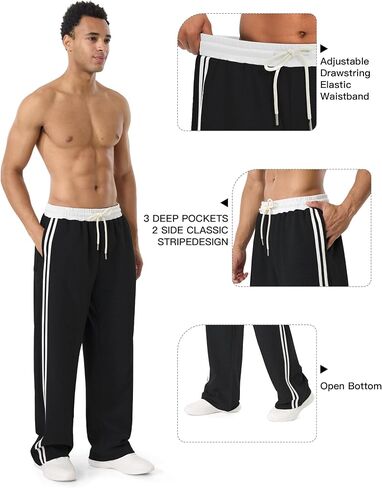 Men's Baggy Sweatpants | Elastic Drawstring Waist, Side Stripes, 3 Pockets, Workout & Jogging in Kuwait
