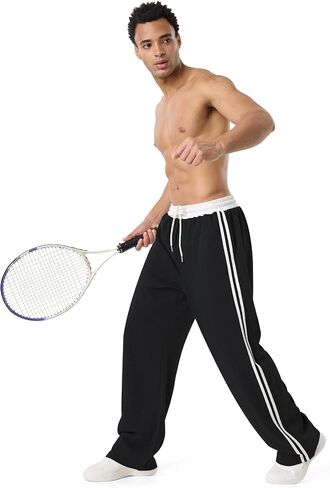 Men's Baggy Sweatpants | Elastic Drawstring Waist, Side Stripes, 3 Pockets, Workout & Jogging in Kuwait
