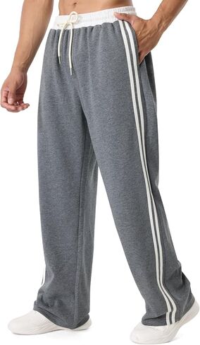 Men's Baggy Sweatpants | Elastic Drawstring Waist, Side Stripes, 3 Pockets, Workout & Jogging in Kuwait