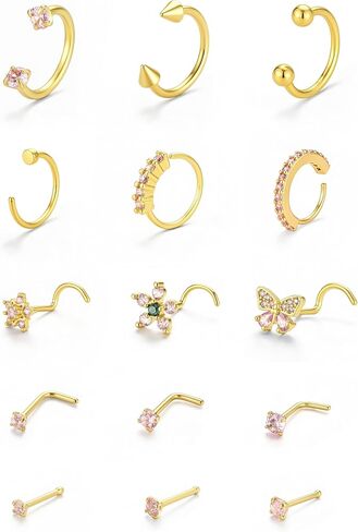 G&O JFU 15Pcs 16G Septum Rings & 20G Nose Studs Set, 316L Stainless Steel Nose Hoops, Hypoallergenic 14K Gold Plated Nose Piercing Jewelry with CZ, L-Shape Corkscrew Nose Studs for Women Men in Saudi Arabia