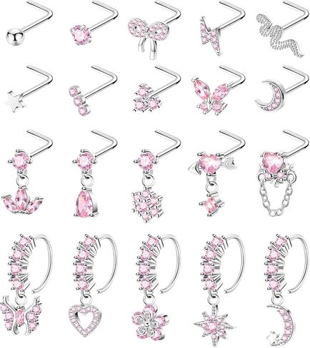 20Pcs 20G Dangle Nose Rings for Women Surgical Steel L Shaped Dangling Nose Studs Dainty Nose Ring Hoop Set CZ Heart Flower Butterfly Moon Nose Piercing Jewelry in Kuwait