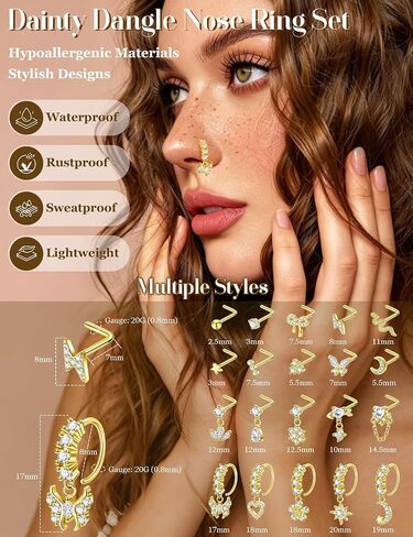 20 قطعة 20 جرام حلقات الأنف المتدلية للنساء من الفولاذ الجراحي على شكل حرف L متدلية الأنف، مجموعة حلقة الأنف الأنيقة تشيكوسلوفاكيا، زهرة القلب، فراشة القمر، ثقب الأنف in Kuwait