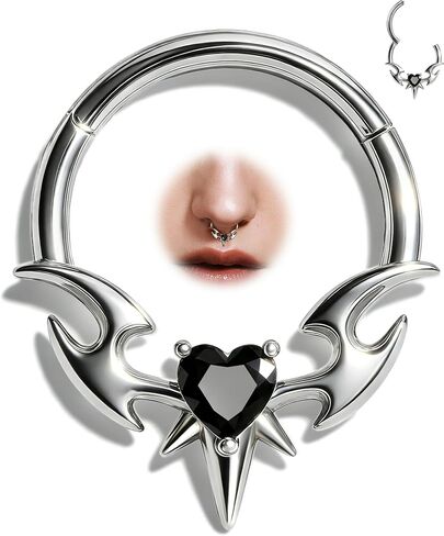 OUFER Blade Wing Septum Rings, 16G Septum Jewelry, Heart Hinged Segment Clicker, Black CZ Surgical Steel Nose Rings Hoops, Hypoallergenic Helix Daith Tragus Conch Piercing Jewelry for Women Men in Kuwait