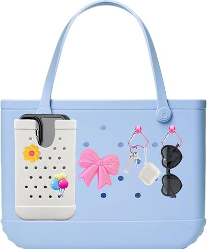 4PCS Accessories Compatible with Bogg Bag, Including 1PC Call Phone Holder, 2PCS Heart Keychain Hooks and 1PC Bow Charm for Women Girls, Charms Holder Accessory for Beach Tote Bags(White) in Kuwait