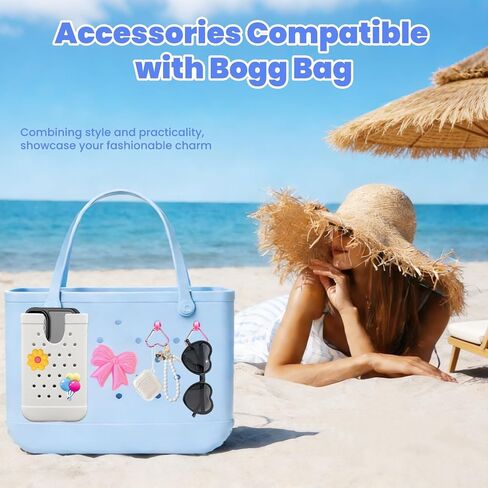 4PCS Accessories Compatible with Bogg Bag, Including 1PC Call Phone Holder, 2PCS Heart Keychain Hooks and 1PC Bow Charm for Women Girls, Charms Holder Accessory for Beach Tote Bags(White) in Kuwait