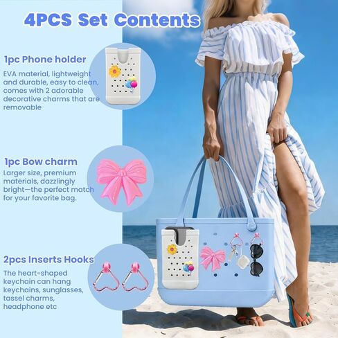 4PCS Accessories Compatible with Bogg Bag, Including 1PC Call Phone Holder, 2PCS Heart Keychain Hooks and 1PC Bow Charm for Women Girls, Charms Holder Accessory for Beach Tote Bags(White) in Kuwait
