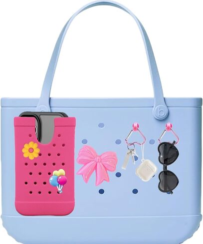 4PCS Accessories Compatible with Bogg Bag, Including 1PC Call Phone Holder, 2PCS Heart Keychain Hooks and 1PC Bow Charm for Women Girls, Charms Holder Accessory for Beach Tote Bags(White) in Saudi Arabia