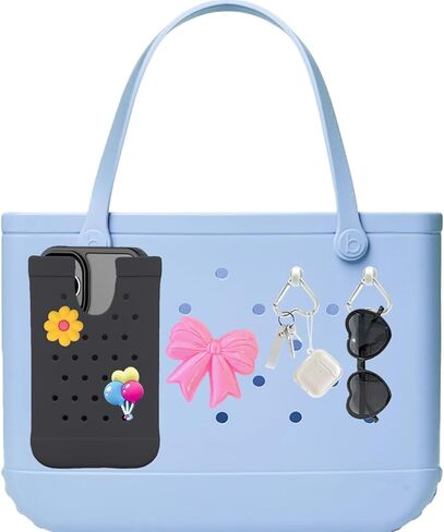 4PCS Accessories Compatible with Bogg Bag, Including 1PC Call Phone Holder, 2PCS Heart Keychain Hooks and 1PC Bow Charm for Women Girls, Charms Holder Accessory for Beach Tote Bags(White) in Kuwait