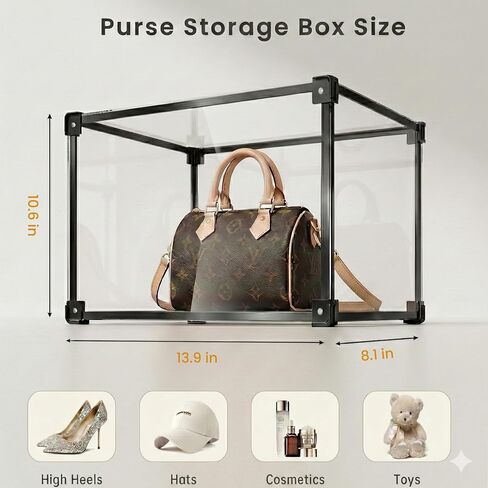 Clear Acrylic Purse Organizer with Aluminum Alloy Frame, Handbag Display Case with Magnetic Door, Stackable Closet Storage Boxes for Purses, Books, Cosmetics & Collectibles (4Pack) in Saudi Arabia