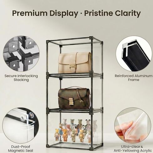 Clear Acrylic Purse Organizer with Aluminum Alloy Frame, Handbag Display Case with Magnetic Door, Stackable Closet Storage Boxes for Purses, Books, Cosmetics & Collectibles (4Pack) in Saudi Arabia