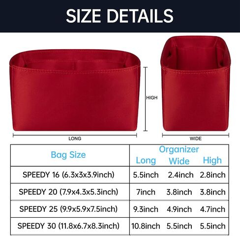 Organizer Insert for Speedy Nano16/20/25/30, Satin Inner Bag Organiser(Size: 25, Color: Red) in Saudi Arabia