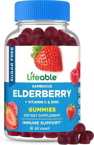 Lifeable Sugar Free Elderberry Gummies with Vitamin C and Zinc | Great Tasting Sambucus Elderberry Immune Support Supplement | Kosher, Vegan, Non GMO Black Elderberry for Adults | 60 Gummies in Kuwait