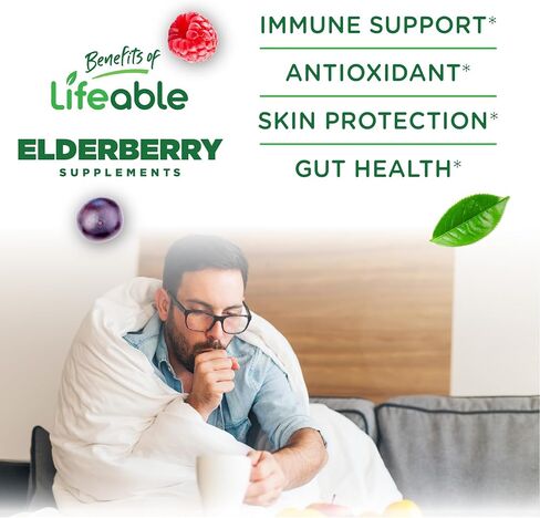 Lifeable Sugar Free Elderberry Gummies with Vitamin C and Zinc | Great Tasting Sambucus Elderberry Immune Support Supplement | Kosher, Vegan, Non GMO Black Elderberry for Adults | 60 Gummies in Kuwait