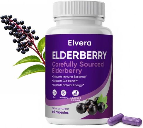 Elvera Elderberry, Elvera Gut Support Complex، 1200 مجم من مستخلص Sambucus Elderberry، الزنك + فيتامين C تركيبة متقدمة، صحة الجهاز الهضمي وتعزيز الطاقة، 60 كبسولة in Kuwait