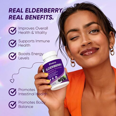 Elvera Elderberry, Elvera Gut Support Complex، 1200 مجم من مستخلص Sambucus Elderberry، الزنك + فيتامين C تركيبة متقدمة، صحة الجهاز الهضمي وتعزيز الطاقة، 60 كبسولة in Kuwait
