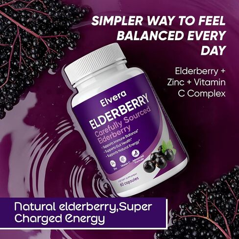 Elvera Elderberry, Elvera Gut Support Complex، 1200 مجم من مستخلص Sambucus Elderberry، الزنك + فيتامين C تركيبة متقدمة، صحة الجهاز الهضمي وتعزيز الطاقة، 60 كبسولة in Kuwait