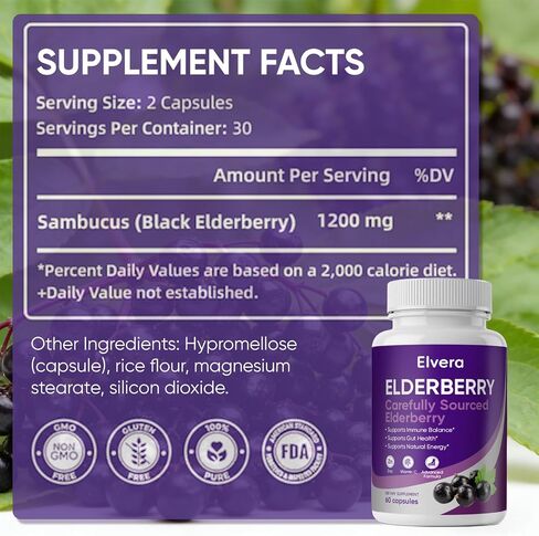 Elvera Elderberry, Elvera Gut Support Complex، 1200 مجم من مستخلص Sambucus Elderberry، الزنك + فيتامين C تركيبة متقدمة، صحة الجهاز الهضمي وتعزيز الطاقة، 60 كبسولة in Kuwait