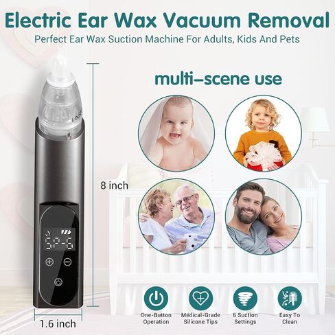 Ear Wax Vacuum Removal Kit with Carrying Case, 6 Levels Strong Suction Electric Ear Cleaner Ear Vacuum Wax Remover, USB Charge Ear Suction Wax Remover Tool for Kids Adult in Saudi Arabia