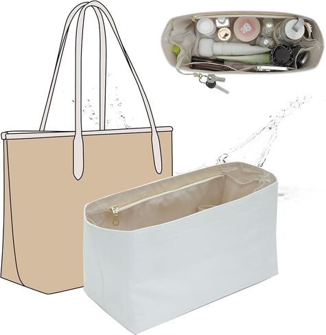 Purse Organizer Insert for Coach City Tote 33, Lightweight Dupont Paper Tote Bag Organizer Storage Dividers with Keychain, 9 Pockets Bag Insert with Cup Holder Zippered Section,White-Brown in Saudi Arabia