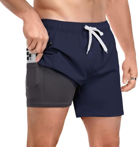 2 in 1 Men’s Swim Trunks 5 Inch with Compression Liner Quick Dry Board Shorts with Zipper Pockets in Saudi Arabia