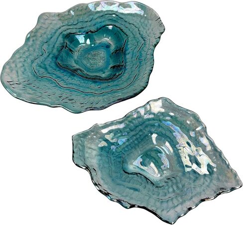 Things2Die4 Oyster Shaped Decorative Plate, 10 X 7.5 Inch Iridescent Sea Blue Glass Accent Dish for Coastal Table Decor, Freeform Wavy Shell Design for Entryway or Living Room in Kuwait