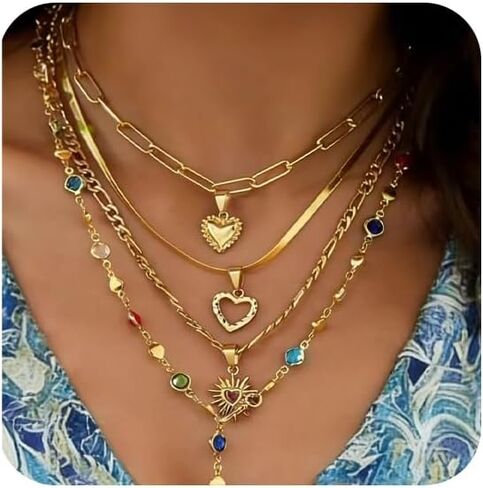 4 PCS Gold Layered Necklaces for Women Multicolor Stone Crystal Round Necklace Stackable Gold Heart Pendant Necklaces Jewelry Set Summer Trendy Vacation Jewelry in Saudi Arabia