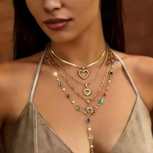 4 PCS Gold Layered Necklaces for Women Multicolor Stone Crystal Round Necklace Stackable Gold Heart Pendant Necklaces Jewelry Set Summer Trendy Vacation Jewelry in Saudi Arabia