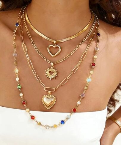 4 PCS Gold Layered Necklaces for Women Multicolor Stone Crystal Round Necklace Stackable Gold Heart Pendant Necklaces Jewelry Set Summer Trendy Vacation Jewelry in Saudi Arabia