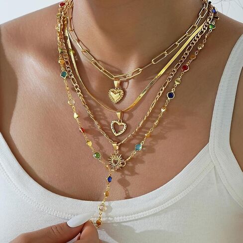 4 PCS Gold Layered Necklaces for Women Multicolor Stone Crystal Round Necklace Stackable Gold Heart Pendant Necklaces Jewelry Set Summer Trendy Vacation Jewelry in Saudi Arabia
