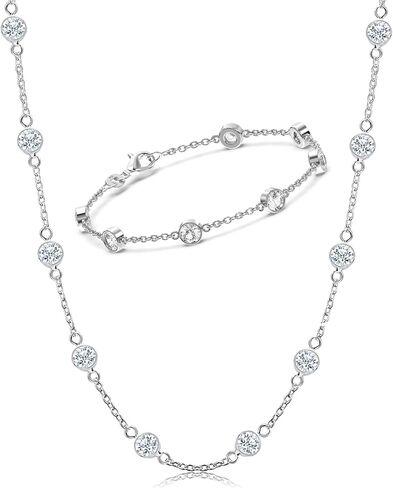 LeCalla Women's Silver Zirconia Jewelry Set | 925 Sterling Silver Italian Round CZ Station Chain Necklace and Bracelet for Women | Bracelet and Necklace Combo in Kuwait
