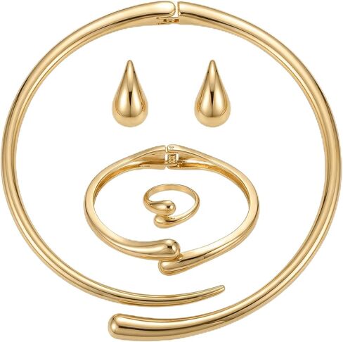 4 Pcs Chunky Gold Jewelry Set for Women,18K Gold Plated Statement Jewelry Set,Teardrop Necklace,Earrings,Cuff Bracelet & Ring, Gold Choker & Bangle Necklace Elegant Jewelry Gifts in Saudi Arabia