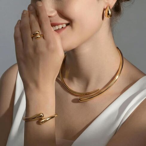 4 Pcs Chunky Gold Jewelry Set for Women,18K Gold Plated Statement Jewelry Set,Teardrop Necklace,Earrings,Cuff Bracelet & Ring, Gold Choker & Bangle Necklace Elegant Jewelry Gifts in Saudi Arabia