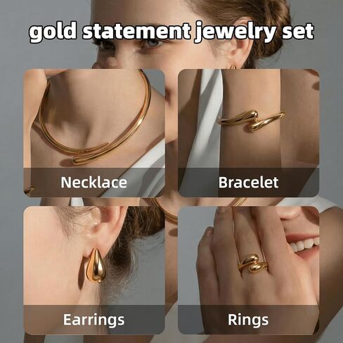 4 Pcs Chunky Gold Jewelry Set for Women,18K Gold Plated Statement Jewelry Set,Teardrop Necklace,Earrings,Cuff Bracelet & Ring, Gold Choker & Bangle Necklace Elegant Jewelry Gifts in Saudi Arabia