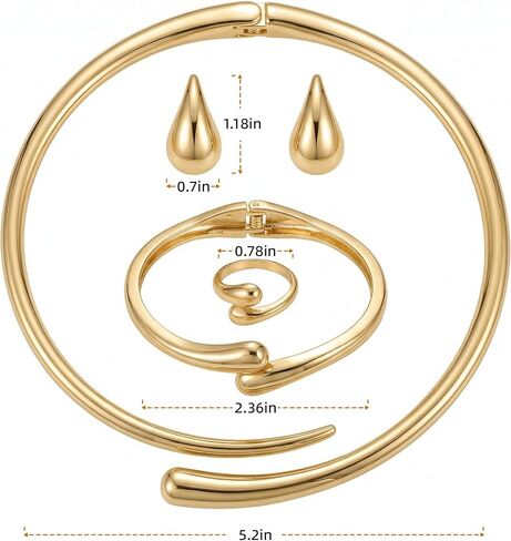 4 Pcs Chunky Gold Jewelry Set for Women,18K Gold Plated Statement Jewelry Set,Teardrop Necklace,Earrings,Cuff Bracelet & Ring, Gold Choker & Bangle Necklace Elegant Jewelry Gifts in Saudi Arabia