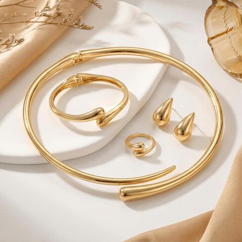 4 Pcs Chunky Gold Jewelry Set for Women,18K Gold Plated Statement Jewelry Set,Teardrop Necklace,Earrings,Cuff Bracelet & Ring, Gold Choker & Bangle Necklace Elegant Jewelry Gifts in Saudi Arabia