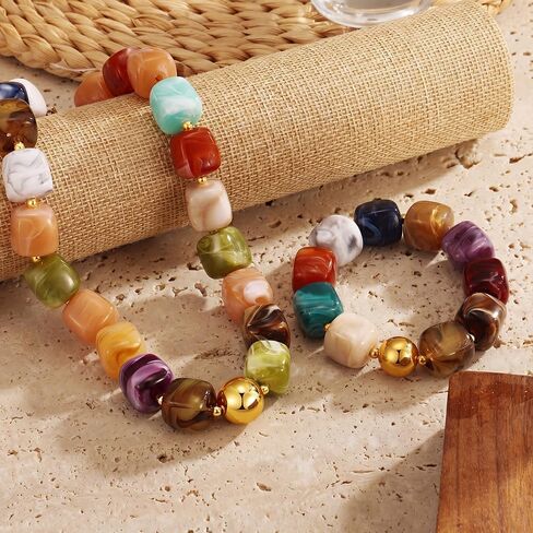 KISS WIFE Colorful Necklace and Bracelet Set for Women, Summer Beach Jewelry, Chunky Resin Square Beaded Choker Necklace, Stretch Acrylic Cube Bead Bracelet, Trendy Dopamine Dressing Jewelry Set in Kuwait