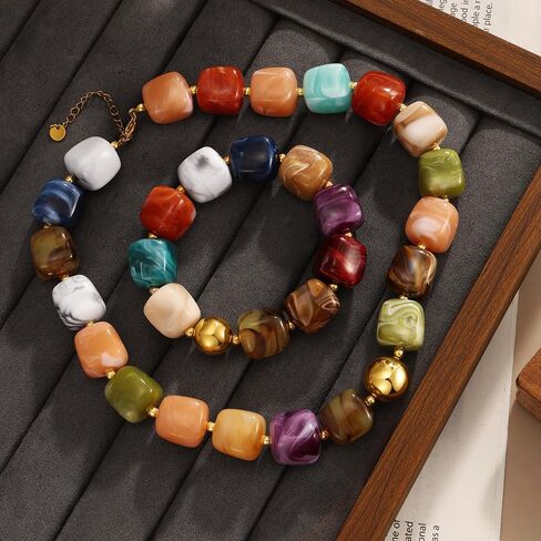 KISS WIFE Colorful Necklace and Bracelet Set for Women, Summer Beach Jewelry, Chunky Resin Square Beaded Choker Necklace, Stretch Acrylic Cube Bead Bracelet, Trendy Dopamine Dressing Jewelry Set in Kuwait
