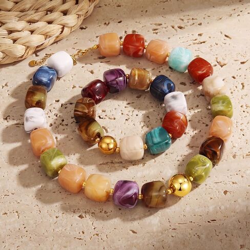 KISS WIFE Colorful Necklace and Bracelet Set for Women, Summer Beach Jewelry, Chunky Resin Square Beaded Choker Necklace, Stretch Acrylic Cube Bead Bracelet, Trendy Dopamine Dressing Jewelry Set in Kuwait