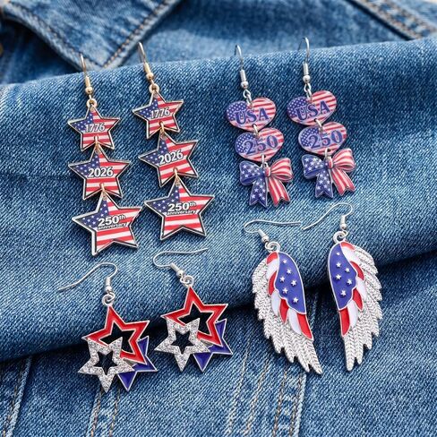 4 Pairs Patriotic Earrings Set, 4th of July Outfits for Women, 250 Anniversary USA Merchandise 1776-2026 Red White Blue Jewelry, America Independence Day Accessories for July 4th Outfit in Saudi Arabia