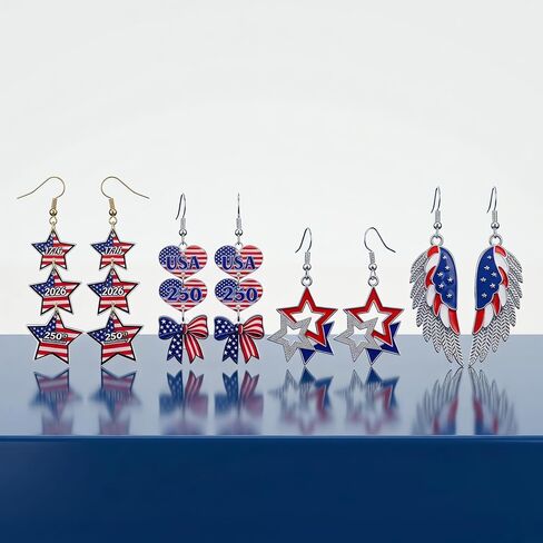 4 Pairs Patriotic Earrings Set, 4th of July Outfits for Women, 250 Anniversary USA Merchandise 1776-2026 Red White Blue Jewelry, America Independence Day Accessories for July 4th Outfit in Saudi Arabia