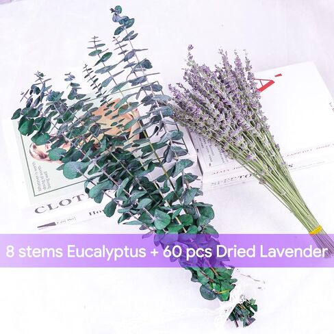 68 Pcs Dried Preserved Eucalyptus Stems & Lavender Flowers Bundles for Shower, 17'' Natural Real Live Eucalyptus Leaves Hanging Lavender Shower Plant, Fragrance, Decor in Saudi Arabia