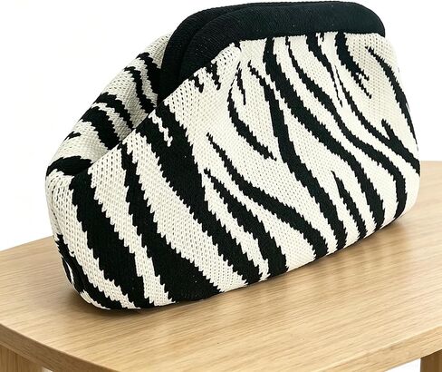 Zebra Print Purse for Women,Knitted Striped Crossbody Dumpling Clutch Bag,White and Black Crochet Cloud Handbag for Summer Beach,Evening Party in Saudi Arabia