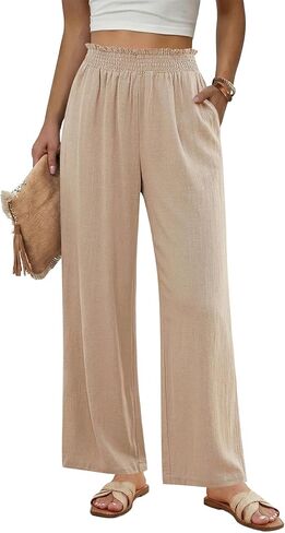 GRAPENT Linen Pants for Women Wide Leg High Waisted Paper Bag Smocked Waist Casual Summer Beach Vacation Palazzo Pants in Kuwait