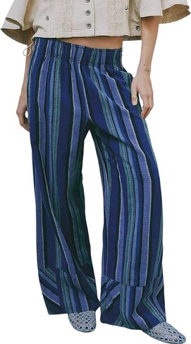 Womens Striped Wide Leg Pants Summer Boho Palazzo Pants Causal Elastic High Waist Long Lounge Trousers with Pockets in Saudi Arabia
