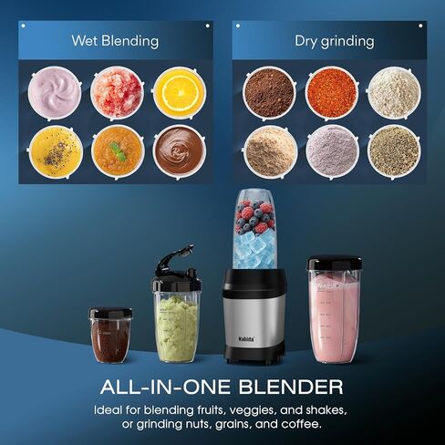 Nahida Blender for Smoothies, 1200W Smoothie Blender for Ice Crushing, Blenders with (2) 6-Fin Blades, Personal Blenders for Kitchen with 23oz, 32oz, 37oz Easy Go Cups for Juices, Silver in Kuwait