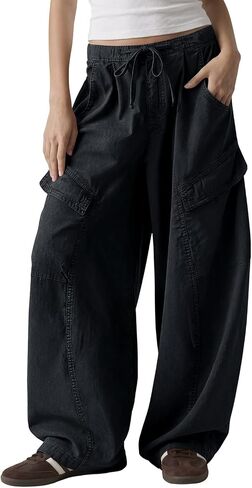 Fisoew Womens Barrel Baggy Cargo Pants Elastic Waist Wide Leg Casual Pants Y2K Streetwear with Multi Pockets 2026 in Kuwait
