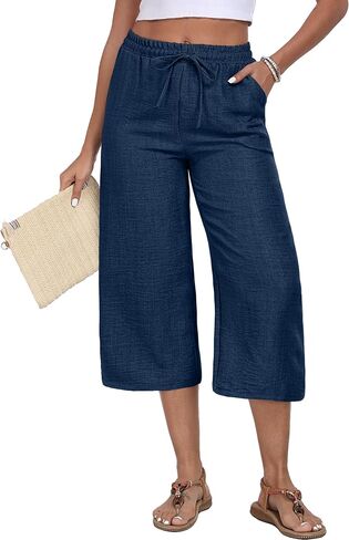 Womens Capri Pants Summer Elastic Waist Casual Business Pants Work Lounge Pants with Pockets in Saudi Arabia